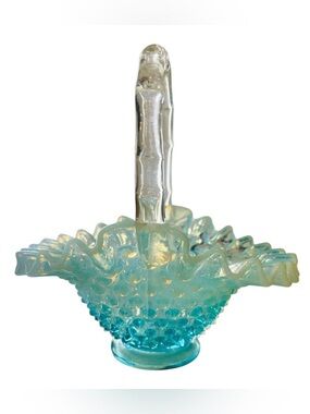 Vintage Fenton Blue Opalescent Hobnail Glass Basket Ruffled Edge Handle